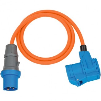 CEE Adapterkabel Camping 1,5 m kabel in oranje (CEE-stekker en hoekkoppeling incl. combinatiecontactdoos, 230V/16A, voor permanent buitengebruik)