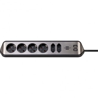 Estilo 6-voudige hoek-stopcontactstrip met hoogwaardig RVS-oppervlak voor keuken en kantoor (bureaustopcontact met 4x veiligheidscontactdozen, 2x Euro-stopcontacten, incl. USB-oplaadfunctie) TYPE F