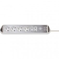 Estilo 6-voudige hoek-stopcontactstrip met hoogwaardig RVS-oppervlak voor keuken en kantoor (bureaucontactdoos met 4x veiligheidscontactdozen, 2x Euro-stopcontacten, incl. USB-oplaadfunctie) zilver/wit TYPE F