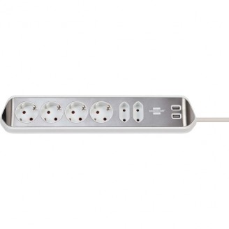 Estilo 6-voudige hoek-stopcontactstrip met hoogwaardig RVS-oppervlak voor keuken en kantoor (bureaucontactdoos met 4x veiligheidscontactdozen, 2x Euro-stopcontacten, incl. USB-oplaadfunctie) zilver/wit TYPE F