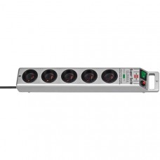 Zilverkleurige SUPER-SOLID stekkerdoos, 5 stopcontacten, met overspanningsbeveiliging, 16A stroomonderbreker en 2,5m kabel H05VV-F 3G1,5 (13.500A)