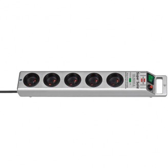 Zilverkleurige SUPER-SOLID stekkerdoos, 5 stopcontacten, met overspanningsbeveiliging, 16A stroomonderbreker en 2,5m kabel H05VV-F 3G1,5 (13.500A)