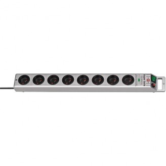 Zilverkleurige SUPER-SOLID stekkerdoos, 8 stopcontacten, met overspanningsbeveiliging, 16A stroomonderbreker en 2,5m kabel H05VV-F 3G1,5 (13.500A)