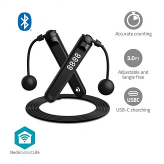 SmartLife Buitensport | Springtouw | Bluetooth | Dual Hall sensor | LED-Scherm | PVC | 3.00 m | Snoerloze Ballen / Tasje | Zwart