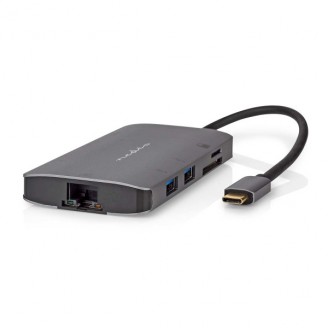 USB Multi-Port Adapter | USB 3.2 Gen 1 | USB-CT Male | HDMIT Output / Micro SD / RJ45 Female / SD / USB-CT Female / 3x USB-A Female | 5 Gbps | 0.20 m | Rond | Verguld | PVC | Antraciet | Doos