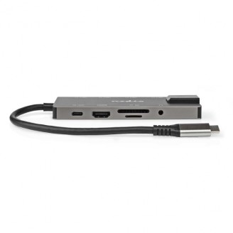 USB Multi-Port Adapter | USB 3.2 Gen 1 | USB-CT Male | HDMI Output / RJ45 Female / SD / 2x USB-CT / 3,5 mm Female / 3x USB-A Female | 5 Gbps | 0.20 m | Rond | Verguld | PVC | Antraciet | Doos