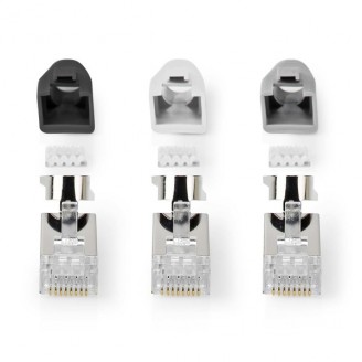 RJ45-Connector | RJ45 Pass Through | Stevig/Gesnoerd FTP CAT7 | Recht | Verguld | 10 Stuks | PVC | Grijs / Wit / Zwart | Doos