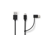 2-in-1-Kabel | USB 2.0 | USB-A Male | USB Micro-B Male / USB-CT Male | 480 Mbps | 1.00 m | Vernikkeld | Rond | PVC | Zwart | Blister