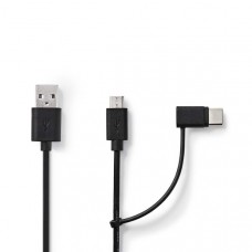 2-in-1-Kabel | USB 2.0 | USB-A Male | USB Micro-B Male / USB-CT Male | 480 Mbps | 1.00 m | Vernikkeld | Rond | PVC | Zwart | Blister