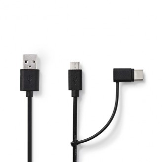 2-in-1-Kabel | USB 2.0 | USB-A Male | USB Micro-B Male / USB-CT Male | 480 Mbps | 1.00 m | Vernikkeld | Rond | PVC | Zwart | Blister