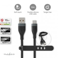 USB-Kabel | USB 2.0 | USB-A Male | USB-CT Male | 15 W | 480 Mbps | Vernikkeld | 1.50 m | Rond | Silicone | Zwart | Doos