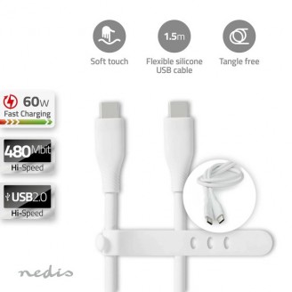 USB-Kabel | USB 2.0 | USB-CT Male | USB-CT Male | 60 W | 480 Mbps | Vernikkeld | 1.50 m | Rond | Silicone | Wit | Doos