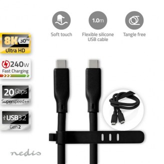 USB-Kabel | USB 3.2 Gen 2 | USB-CT Male | USB-CT Male | 240 W | 8K@30Hz | 20 Gbps | Vernikkeld | 1.00 m | Rond | Silicone | Zwart | Doos