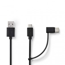 2-in-1-Kabel | USB 2.0 | USB-A Male | USB Micro-B Male / USB-CT Male | 480 Mbps | 1.00 m | Vernikkeld | Rond | PVC | Zwart | Label