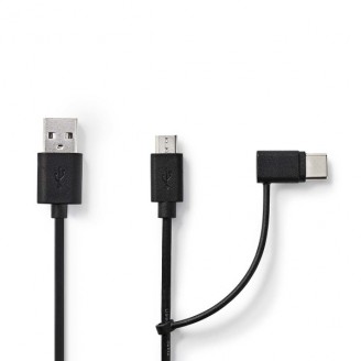 2-in-1-Kabel | USB 2.0 | USB-A Male | USB Micro-B Male / USB-CT Male | 480 Mbps | 1.00 m | Vernikkeld | Rond | PVC | Zwart | Label