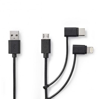 3-in-1-Kabel | USB 2.0 | USB-A Male | Apple Lightning 8-Pins / USB Micro-B Male / USB-CT Male | 480 Mbps | 1.00 m | Vernikkeld | Rond | PVC | Zwart | Label