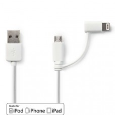 2-in-1-Kabel | USB 2.0 | USB-A Male | Apple Lightning 8-Pins / USB Micro-B Male | 480 Mbps | 1.00 m | Vernikkeld | Rond | PVC | Wit | Polybag