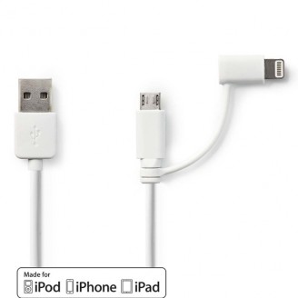 2-in-1-Kabel | USB 2.0 | USB-A Male | Apple Lightning 8-Pins / USB Micro-B Male | 480 Mbps | 1.00 m | Vernikkeld | Rond | PVC | Wit | Polybag