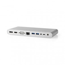 USB Docking Station | USB 3.2 Gen 1 | USB-CT Male | DisplayPort Female / HDMI Output / RJ45 Female / VGA Female 15p / 2x 3,5 mm Female / 2x USB-CT / 4x USB-A | 0.20 m | Rond | Vernikkeld | Gevlochten / Nylon | Wit | Window Box met Euro Lock