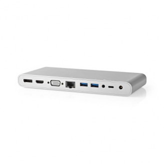 USB Docking Station | USB 3.2 Gen 1 | USB-CT Male | DisplayPort Female / HDMI Output / RJ45 Female / VGA Female 15p / 2x 3,5 mm Female / 2x USB-CT / 4x USB-A | 0.20 m | Rond | Vernikkeld | Gevlochten / Nylon | Wit | Window Box met Euro Lock