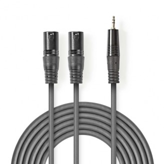 Gebalanceerde Audiokabel | 2x XLR 3-Pins Male | 3,5 mm Male | Vernikkeld | 1.50 m | Rond | PVC | Donkergrijs | Kartonnen Sleeve