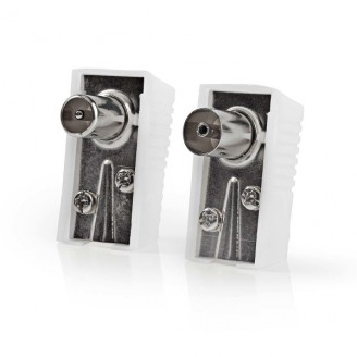 IEC (Coax) Connector | Gehoekt | Female / Male | Vernikkeld | 75 Ohm | Schroef | Diameter kabelinvoer: 7.0 mm | Metaal / Polyvinylchloride (PVC) | Wit | 2 Stuks | Doos