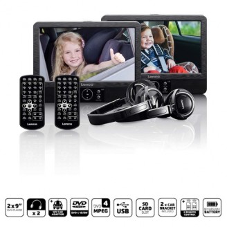 2x 9" draagbare DVD-speler met USB SD ingebouwde batterij hoofdtelefoon en beugel Zwart