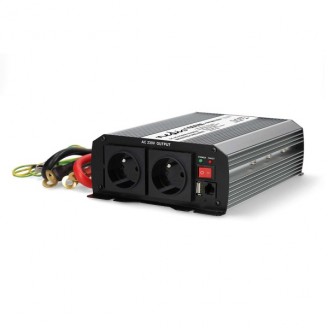 Omvormer Gemodificeerde Sinusgolf | Ingangsvoltage: 12 V DC | Apparaat stroomoutput: Type E (CEE 7/5) / USB-A | 230 V AC 50 Hz | 1000 W | Piekvermogen: 2000 W | Screw Terminal | Zilver