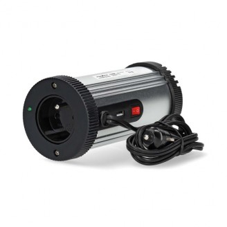 Omvormer Gemodificeerde Sinusgolf | Ingangsvoltage: 12 V DC | Apparaat stroomoutput: Type E (CEE 7/5) / USB-A | 230 V AC 50 Hz | 150 W | Piekvermogen: 300 W | Sigarettenaansteker | Zilver