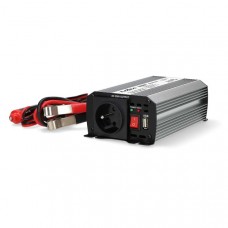 Omvormer Gemodificeerde Sinusgolf | Ingangsvoltage: 12 V DC | Apparaat stroomoutput: Type E (CEE 7/5) / USB-A | 230 V AC 50 Hz | 300 W | Piekvermogen: 600 W | Accuklemmen + Aansteker | Zilver
