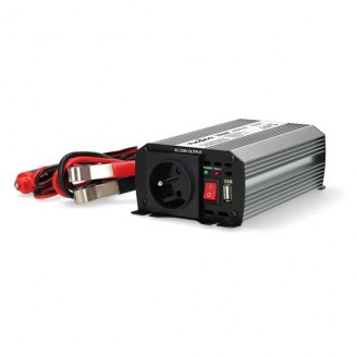 Omvormer Gemodificeerde Sinusgolf | Ingangsvoltage: 12 V DC | Apparaat stroomoutput: Type E (CEE 7/5) / USB-A | 230 V AC 50 Hz | 300 W | Piekvermogen: 600 W | Accuklemmen + Aansteker | Zilver