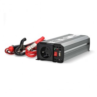 Omvormer Gemodificeerde Sinusgolf | Ingangsvoltage: 12 V DC | Apparaat stroomoutput: Type E (CEE 7/5) / USB-A | 230 V AC 50 Hz | 600 W | Piekvermogen: 1200 W | Accuklemmen + Aansteker | Zilver