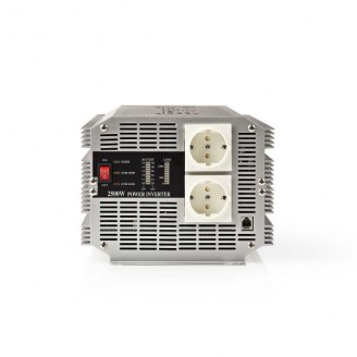 Omvormer Gemodificeerde Sinusgolf | Ingangsvoltage: 12 V DC | Apparaat stroomoutput: Type F (CEE 7/3) | 230 V AC 50 Hz | 2500 W | Piekvermogen: 5000 W | Screw Terminal | Zilver