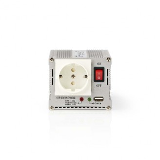 Omvormer Gemodificeerde Sinusgolf | Ingangsvoltage: 12 V DC | Apparaat stroomoutput: Type F (CEE 7/3) / USB-A | 230 V AC 50 Hz | 300 W | Piekvermogen: 600 W | Accuklemmen + Aansteker | Zilver