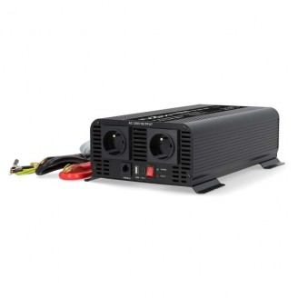 Omvormer Pure Sinusgolf | Ingangsvoltage: 12 V DC | Apparaat stroomoutput: Type E (CEE 7/5) / USB-A / USB-CT | 230 V AC 50 Hz | 1000 W | Piekvermogen: 2000 W | Screw Terminal | Zuivere Sinusgolf | Zekering | Zwart
