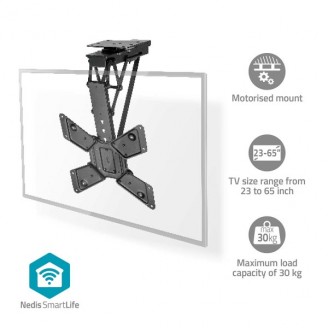 SmartLife Motorised TV Ceiling Mount | 23 - 65 " | Maximum supported screen weight: 30 kg | Rotatable | Tiltable | Minimum ceiling distance: 140 mm | Remote controlled | Steel | Black