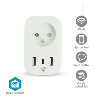SmartLife Slimme Stekker | Wi-Fi | IP21 | Energiemeter | 3680 W | France / Type-E (CEE 7/6) / 1x USB-CT / 2x USB | 0 - 55 Â°C | AndroidT / IOS | Wit | 1 Stuks