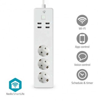 SmartLife Stekkerdoos | Wi-Fi | 3x Randaarde stekker (CEE 7/3) / 4 x USB | 16 A | 3680 W | 1.80 m | -10 - 40 Â°C | AndroidT / IOS | Wit