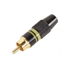 MANNELIJKE RCA PLUG - VERGULDE STEKKER - ZWARTE BEHUIZING - GELE RING