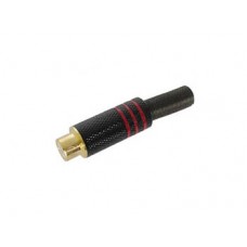 VROUWELIJKE RCA PLUG - VERGULD CONTACT - ZWARTE METALEN BEHUIZING - ROOD