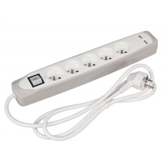 5-VOUDIGE STEKKERDOOS MET SCHAKELAAR - 2 USB-POORTEN - GRIJS/WIT - PENAARDE