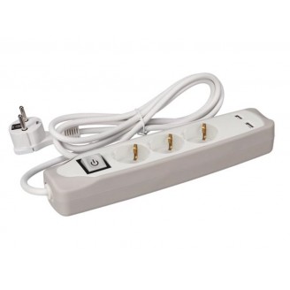 3-VOUDIGE STEKKERDOOS MET SCHAKELAAR - 2 USB-POORTEN - 1.5 m KABEL - GRIJS/WIT - RANDAARDE