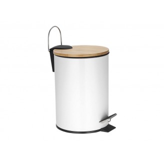 Pedaalemmer - 3 l - Wit metaal - Bamboe deksel