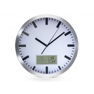 ALUMINIUM WANDKLOK MET LCD-DISPLAY EN THERMOMETER, HYGROMETER & WEERSVOORSPELLING -   25 cm