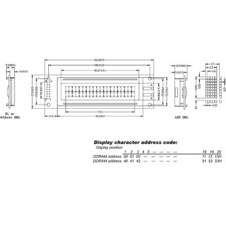 LCD 20 x 2 BOTTOM VIEW TRANSFLECTIEF MET GELE ACHTERGRONDVERLICHTING