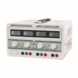 DUBBELE DC-LABOVOEDING - 2 x 0-30 VDC / 0-3 A + 5 VDC vast / 3 A MAX MET 4 LCD-SCHERMEN