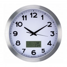 ALUMINIUM WANDKLOK MET LCD-DISPLAY EN THERMOMETER, HYGROMETER & WEERSVOORSPELLING -   35 cm ALUMINIUM WANDKLOK MET LCD-DISPLAY EN THERMOMETER, HYGROMETER & WEERSVOORSPELLING -   35 cm