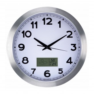 ALUMINIUM WANDKLOK MET LCD-DISPLAY EN THERMOMETER, HYGROMETER & WEERSVOORSPELLING -   35 cm